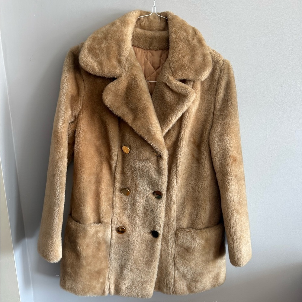 Vintage Sears Fashions Faux Fur Coat – Double Breasted Plush Tan Teddy Coat